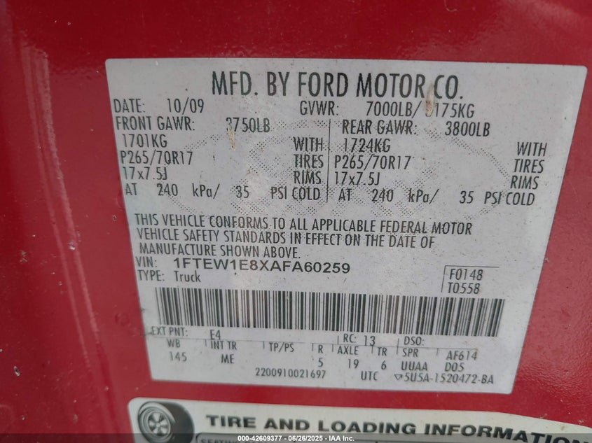 2010 FORD F-150 VIN: 1FTEW1E8XAFA60259