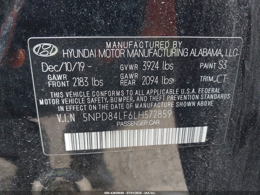 VIN 5NPD84LF6LH572859 2020 HYUNDAI ELANTRA SEL