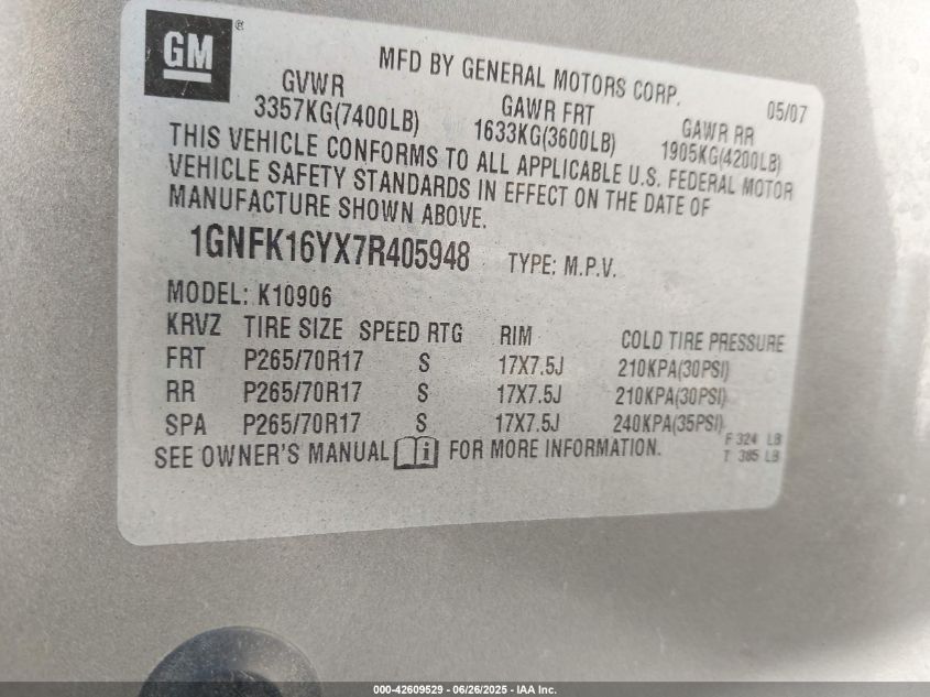 2007 Chevrolet Suburban 1500 Lt VIN: 1GNFK16YX7R405948 Lot: 42609529