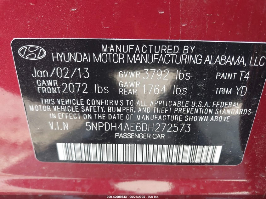 2013 HYUNDAI ELANTRA VIN: 5NPDH4AE6DH272573