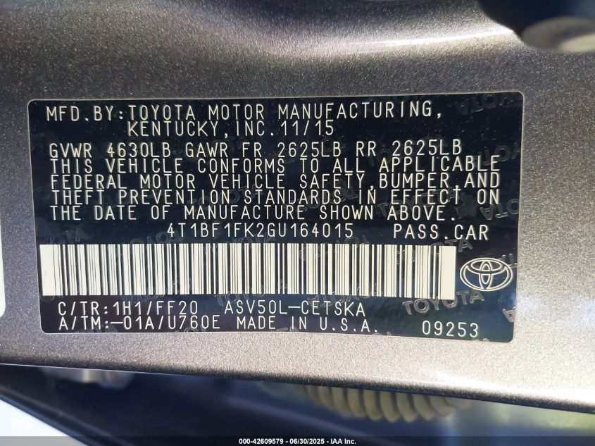 2016 Toyota Camry Se VIN: 4T1BF1FK2GU164015 Lot: 42609579