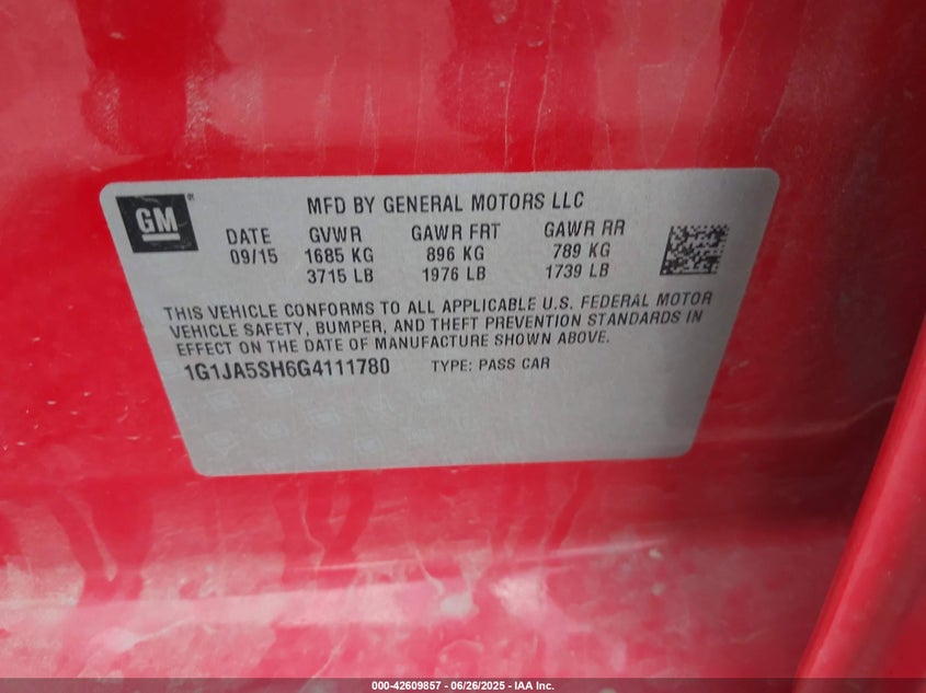 2016 CHEVROLET SONIC VIN: 1G1JA5SH6G4111780