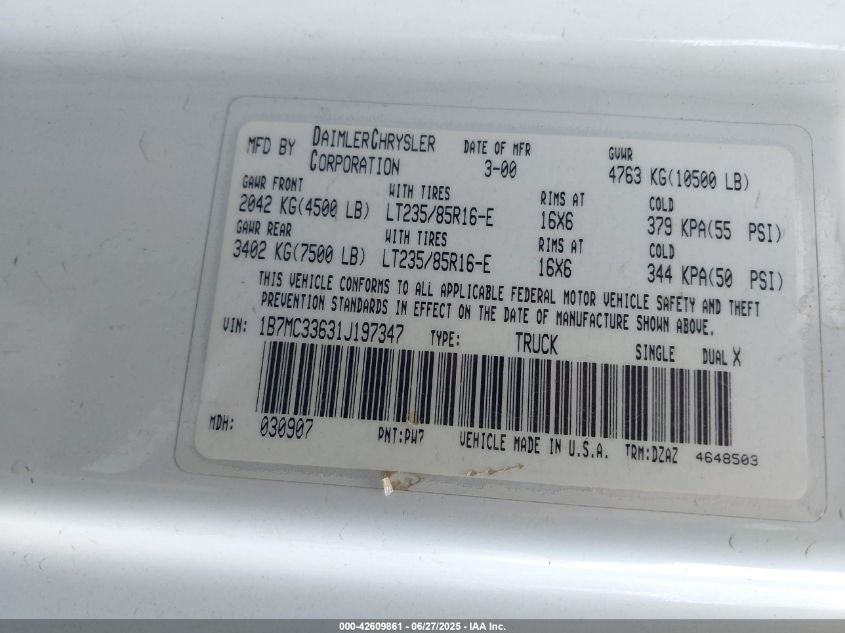 2001 Dodge Ram 3500 St VIN: 1B7MC33631J197347 Lot: 42609861