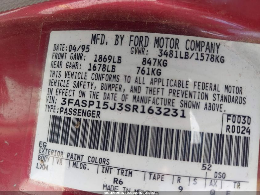 1995 Ford Escort Lx/Sport VIN: 3FASP15J3SR163231 Lot: 42609866