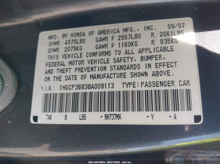 2008 HONDA ACCORD VIN: 1HGCP36838A009113