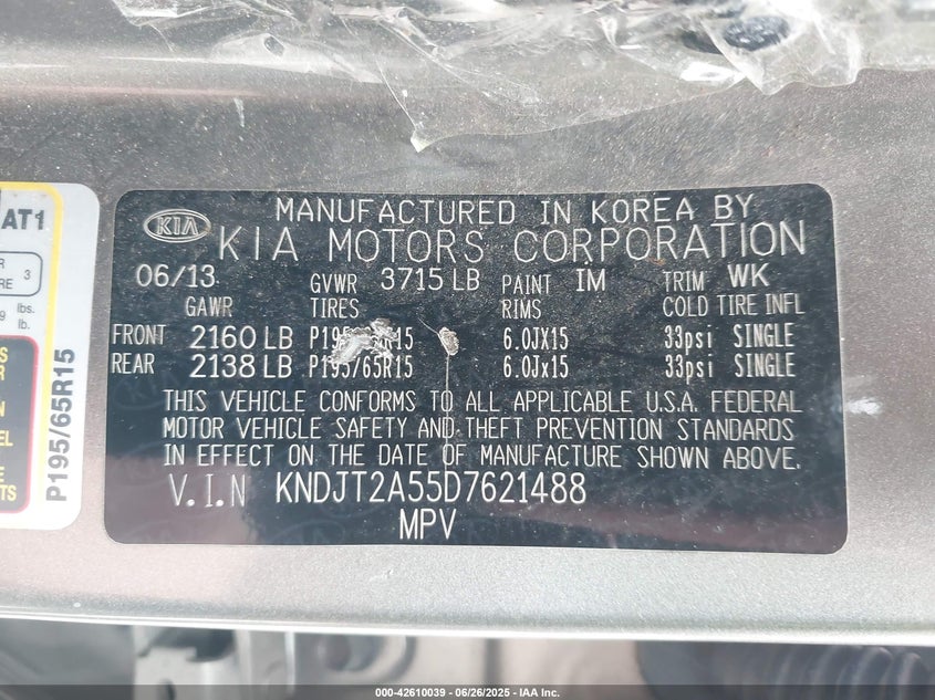 2013 KIA SOUL VIN: KNDJT2A55D7621488