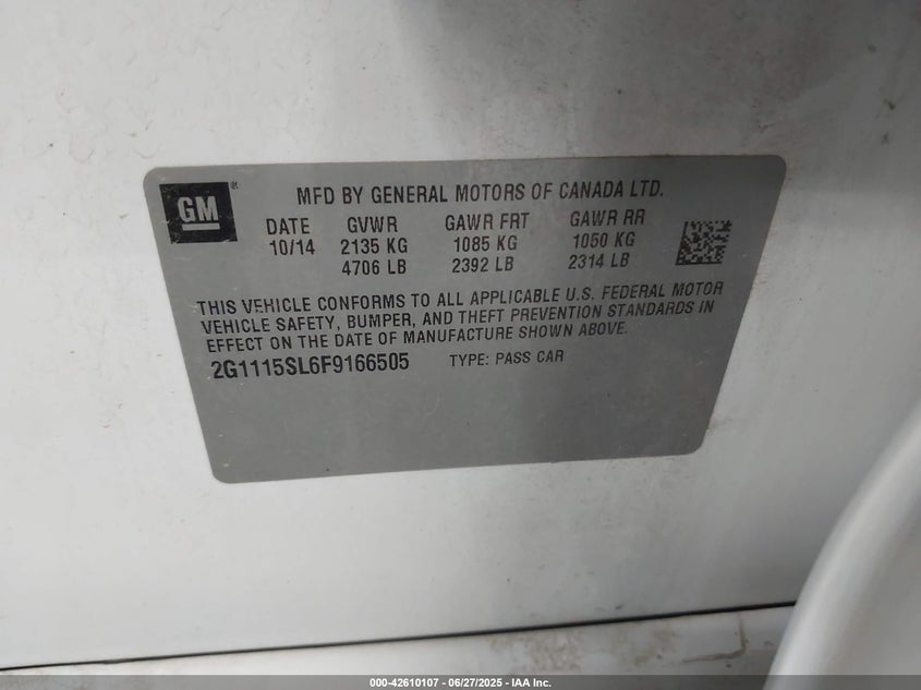 2015 CHEVROLET IMPALA VIN: 2G1115SL6F9166505