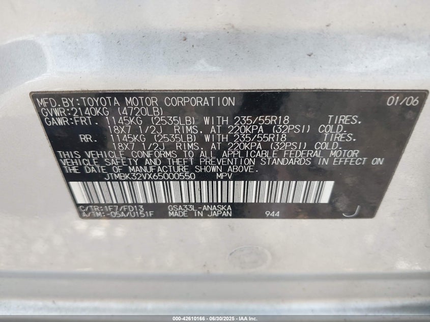 2006 TOYOTA RAV4 VIN: JTMBK32VX65000550
