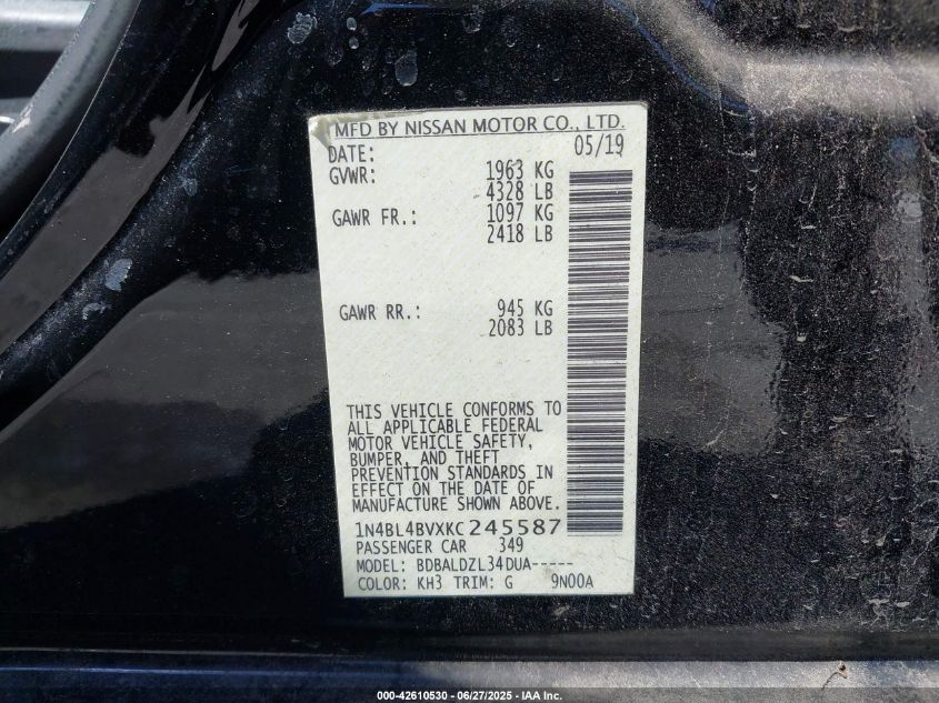 2019 Nissan Altima 2.5 S VIN: 1N4BL4BVXKC245587 Lot: 42610530