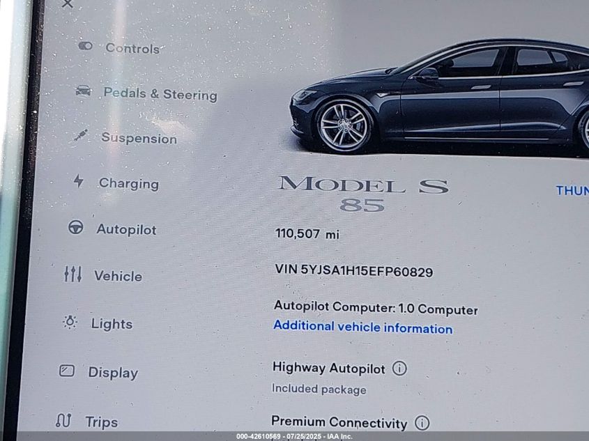 2014 Tesla Model S P85 VIN: 5YJSA1H15EFP60829 Lot: 42610569