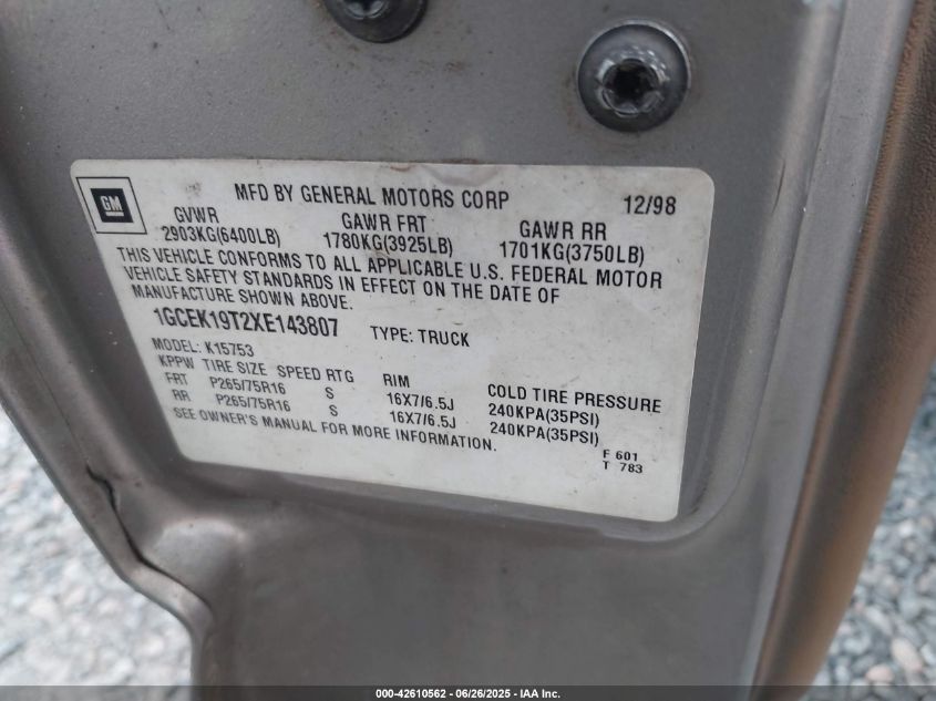 1999 Chevrolet Silverado 1500 Lt VIN: 1GCEK19T2XE143807 Lot: 42610562