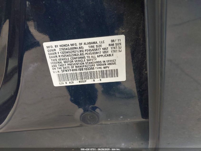 2011 Honda Pilot Ex-L VIN: 5FNYF4H61BB103398 Lot: 42610701