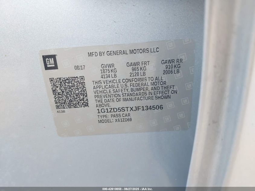 2018 Chevrolet Malibu Lt VIN: 1G1ZD5STXJF134506 Lot: 42610858