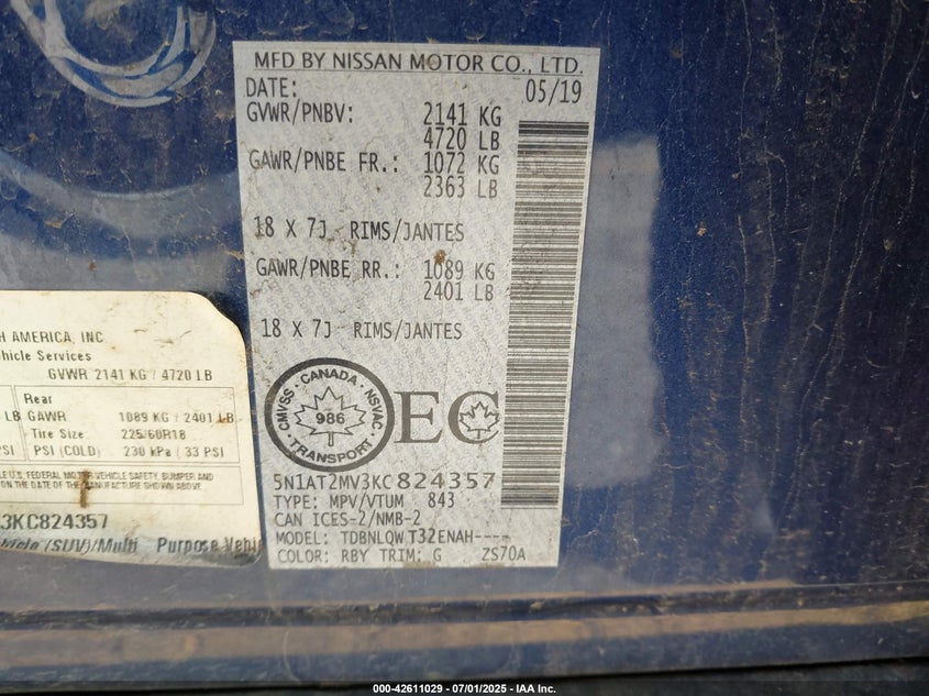 VIN 5N1AT2MV3KC824357 2019 NISSAN ROGUE S/SL/SV