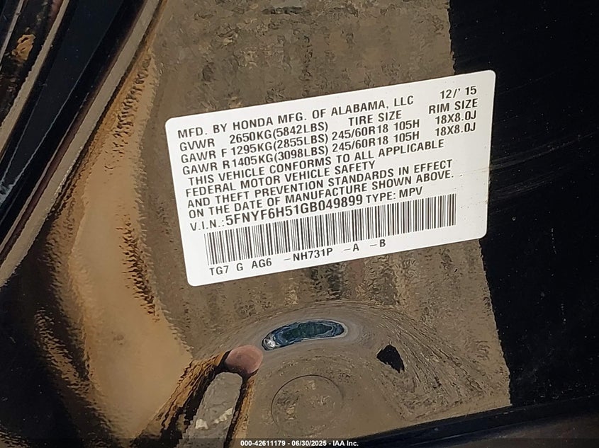 2016 HONDA PILOT EX-L - 5FNYF6H51GB049899