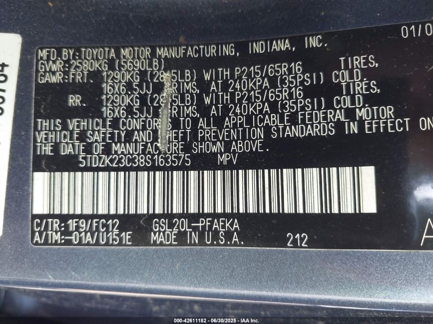 2008 Toyota Sienna Ce/Le VIN: 5TDZK23C38S163575 Lot: 42611182