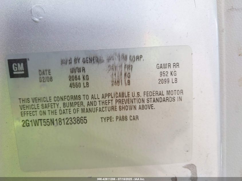 2008 Chevrolet Impala Lt VIN: 2G1WT55N181233865 Lot: 42611286