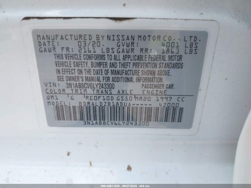 2020 Nissan Sentra Sv Xtronic Cvt VIN: 3N1AB8CV6LY243300 Lot: 42611536