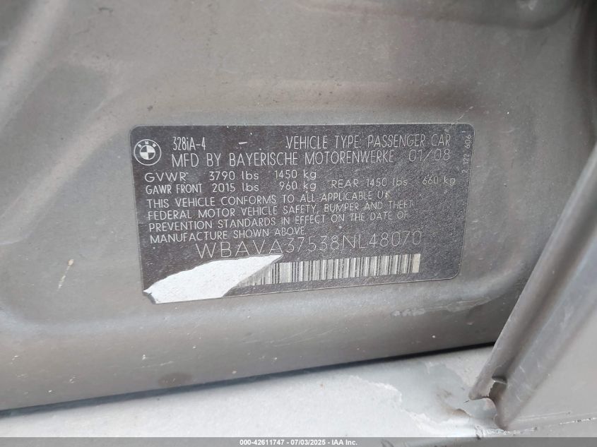 2008 BMW 328I VIN: WBAVA37538NL48070 Lot: 42611747