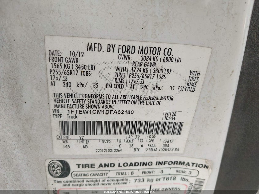 2013 FORD F-150 VIN: 1FTEW1CM1DFA62180