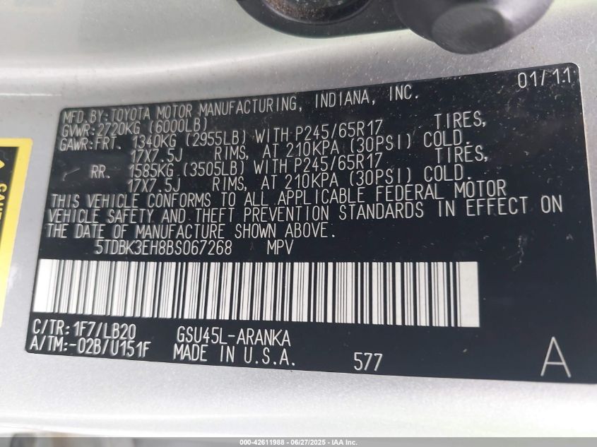 2011 Toyota Highlander Se VIN: 5TDBK3EH4BS067266 Lot: 42611988