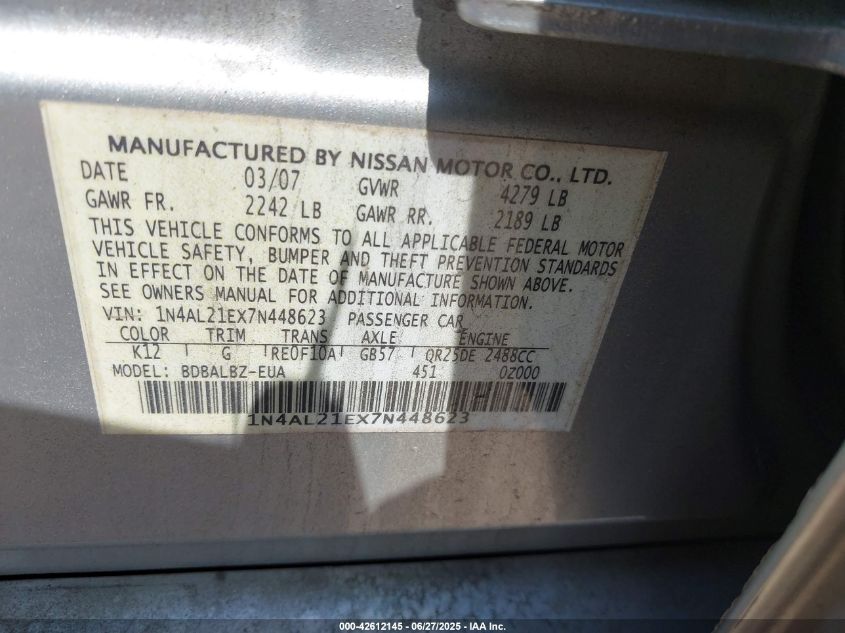 2007 Nissan Altima 2.5 S VIN: 1N4AL21EX7N448623 Lot: 42612145