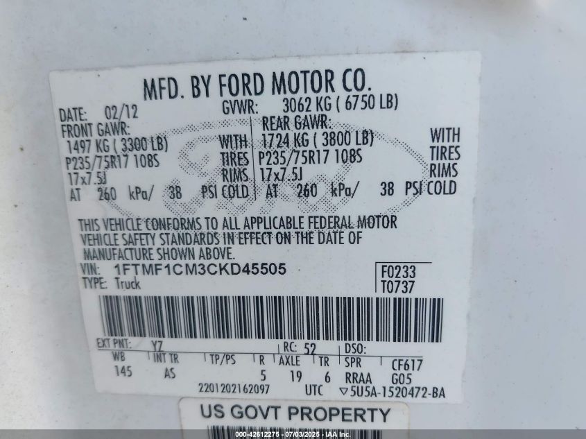 2012 Ford F-150 Xl VIN: 1FTMF1CM3CKD45505 Lot: 42612275