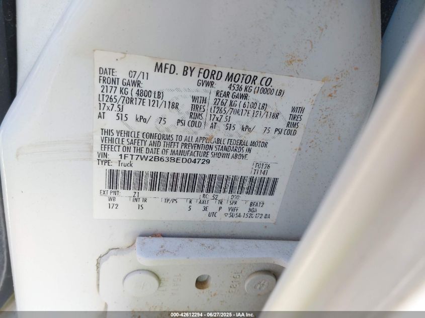 2011 Ford F-250 Xl VIN: 1FT7W2B63BED04729 Lot: 42612294