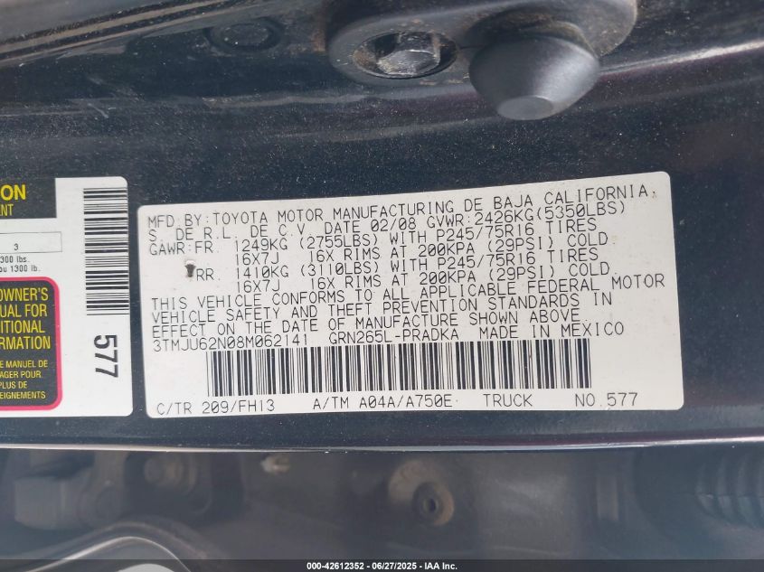 2008 Toyota Tacoma Double Cab Prerunner VIN: 3TMJU62N08M062141 Lot: 42612352