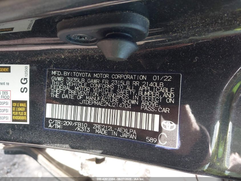 2022 Toyota Corolla Le VIN: JTDEPMAE2NJ214704 Lot: 42612384