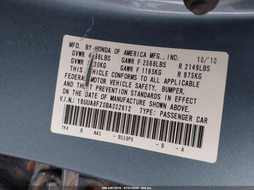 2011 ACURA TL VIN: 19UUA8F20BA002612