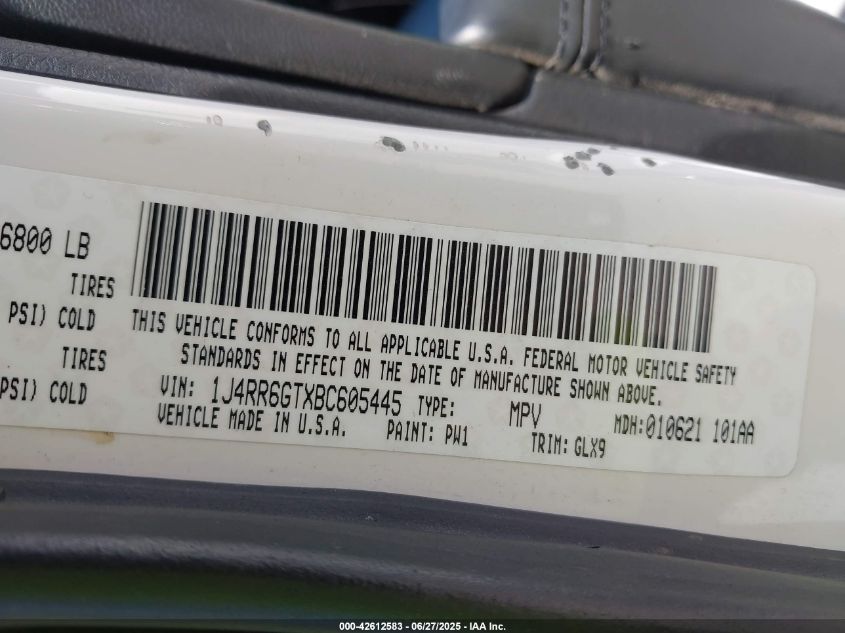 2011 Jeep Grand Cherokee Overland VIN: 1J4RR6GTXBC605445 Lot: 42612583