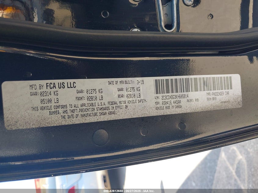 2019 Dodge Charger Sxt Rwd VIN: 2C3CDXBG3KH605914 Lot: 42612688