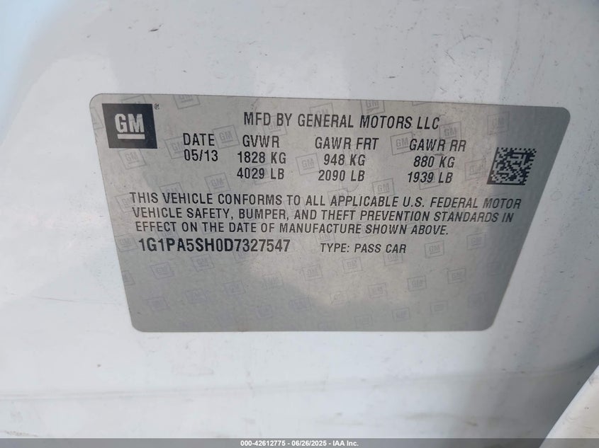 2013 CHEVROLET CRUZE VIN: 1G1PA5SH0D7327547