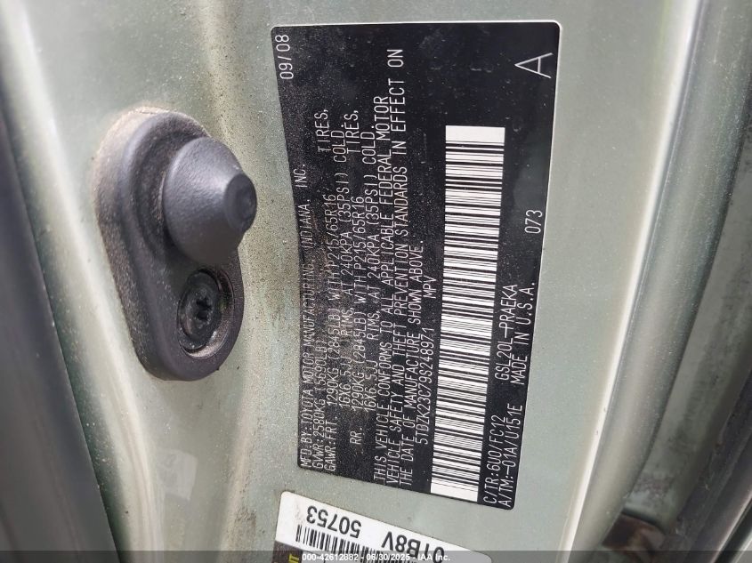 2009 Toyota Sienna Ce/Le VIN: 5TDZK23C79F248971 Lot: 42612882