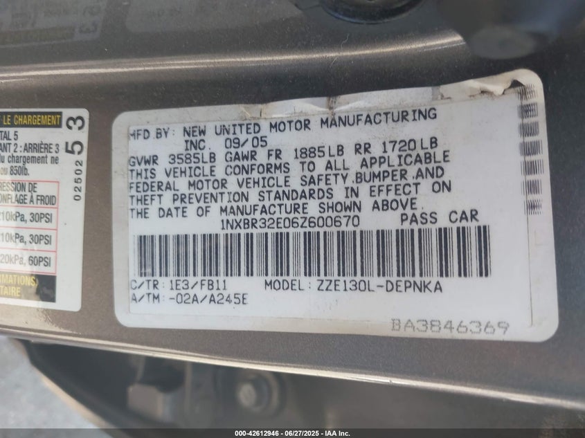 2006 Toyota Corolla Le VIN: 1NXBR32E06Z600670 Lot: 42612946