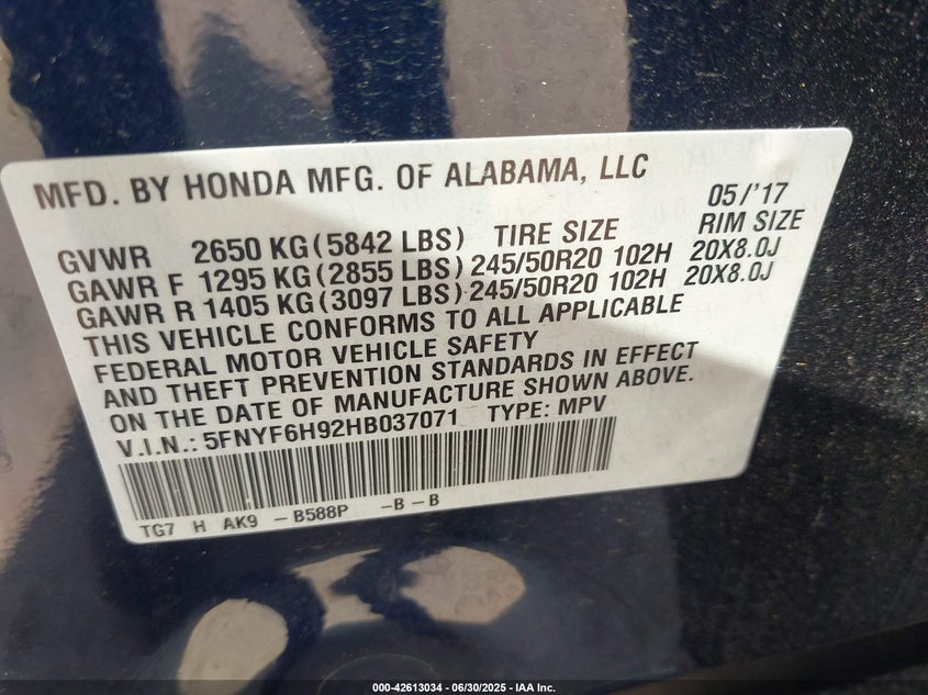 2017 HONDA PILOT TOURING - 5FNYF6H92HB037071