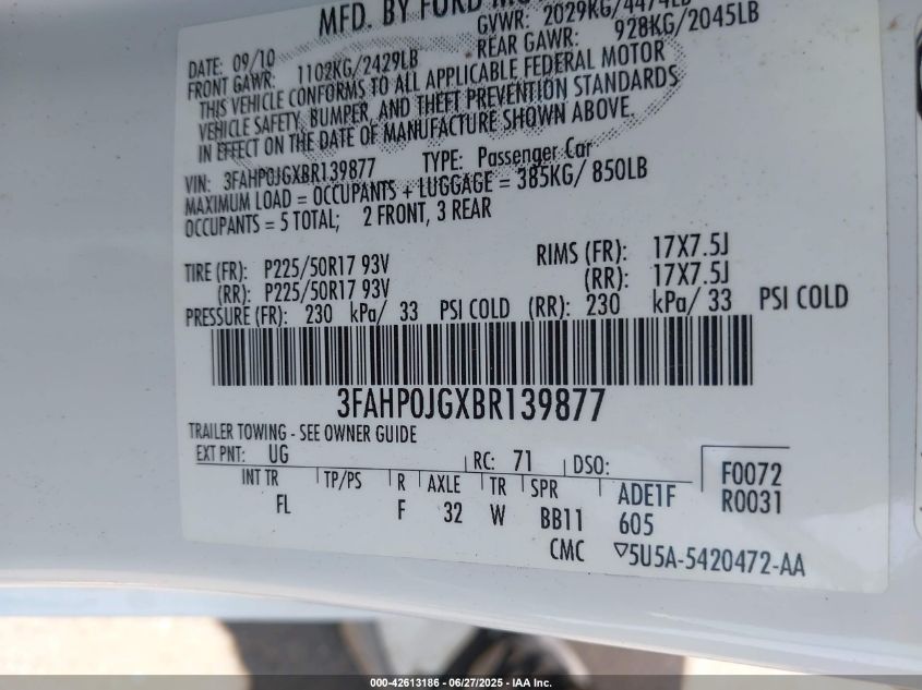 2011 Ford Fusion Sel VIN: 3FAHP0JGXBR139877 Lot: 42613186