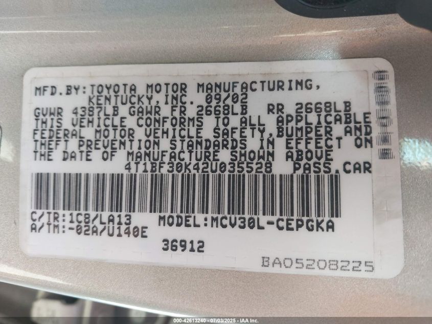 2002 Toyota Camry Xle V6 VIN: 4T1BF30K42U035528 Lot: 42613240