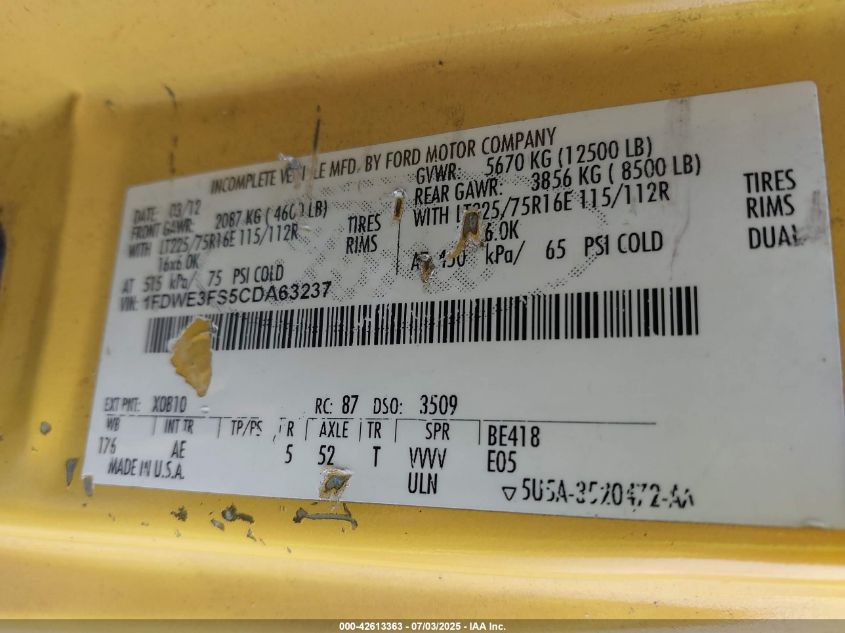 2012 Ford E-350 Cutaway VIN: 1FDWE3FS5CDA63237 Lot: 42613363