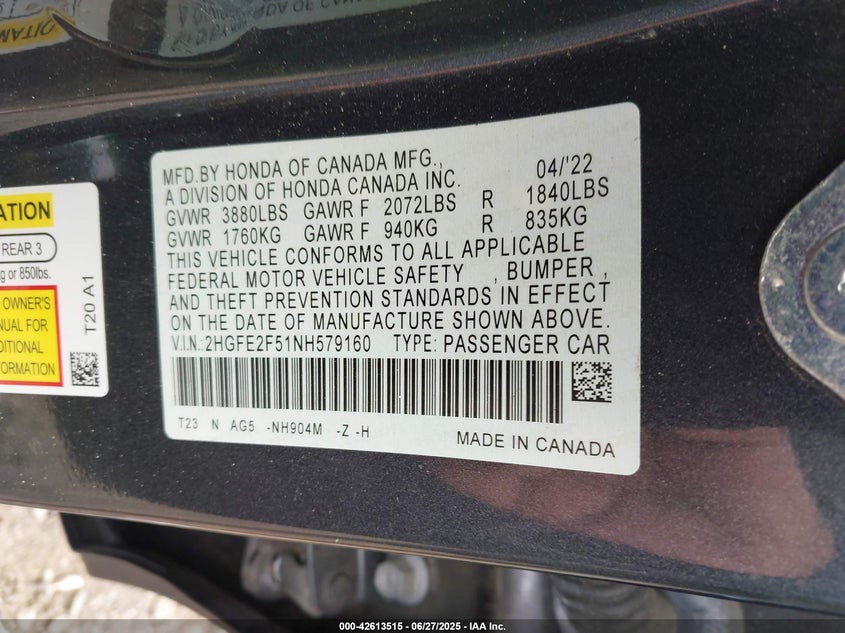 2022 HONDA CIVIC SPORT - 2HGFE2F51NH579160