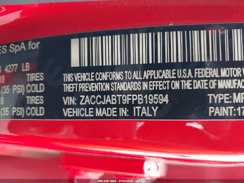 2015 Jeep Renegade Latitude VIN: ZACCJABT9FPB19594 Lot: 42613665