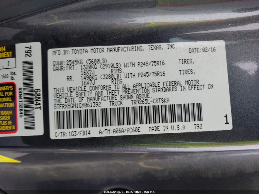 2016 TOYOTA TACOMA VIN: 5TFRX5GN1GX061392