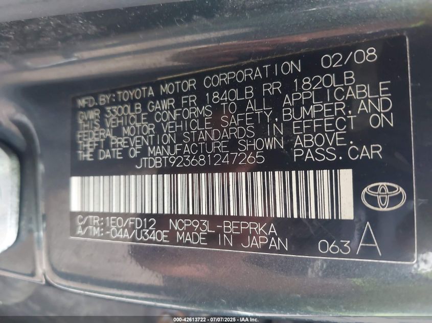 2008 Toyota Yaris VIN: JTDBT923681247265 Lot: 42613722