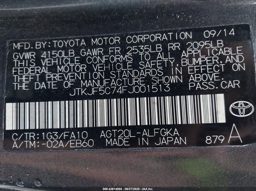 2013 SCION TC VIN: JTKJF5C7XD3050457