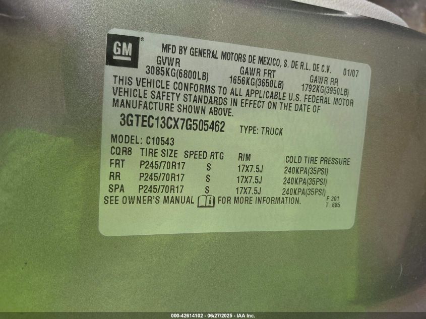 2007 GMC Sierra 1500 Sle1 VIN: 3GTEC13CX7G505462 Lot: 42614102