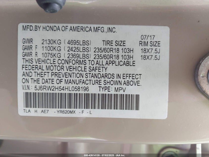 2017 HONDA CR-V EX - 5J6RW2H54HL058196