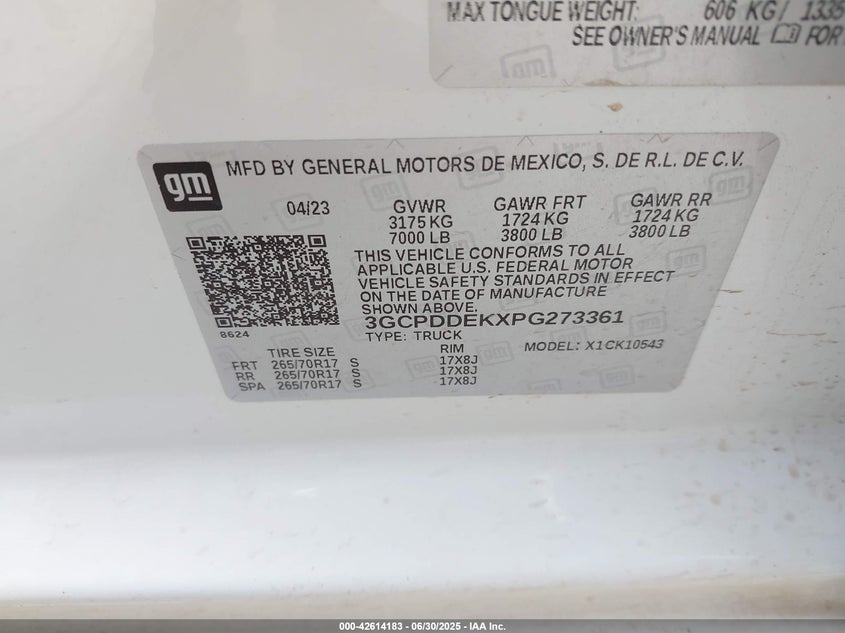 2023 CHEVROLET SILVERADO VIN: 3GCPDDEKXPG273361