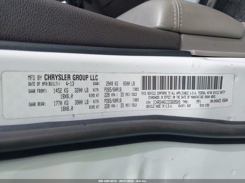 2013 Dodge Durango Sxt VIN: 1C4RDHAG1DC669503 Lot: 42614210