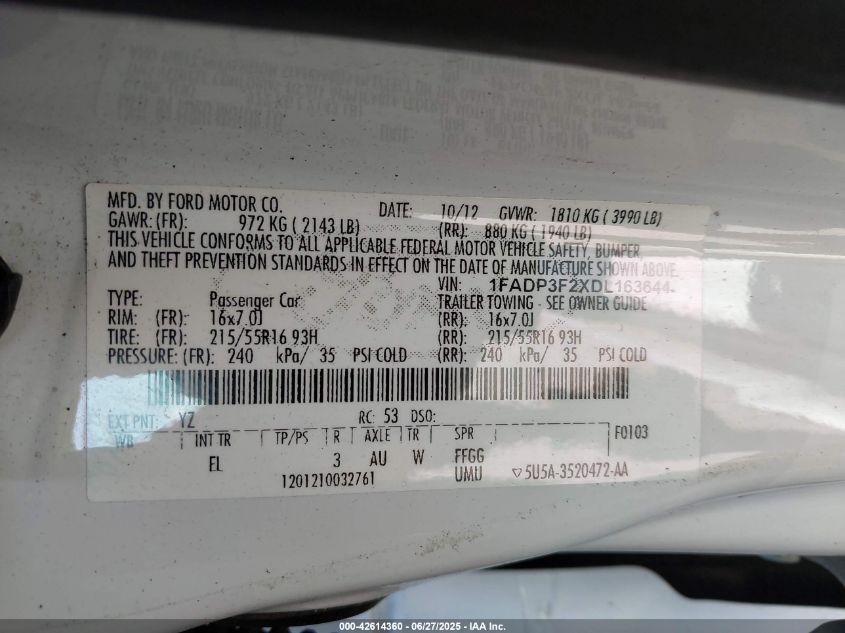 2013 Ford Focus Se VIN: 1FADP3F2XDL163644 Lot: 42614360